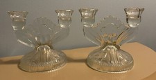 Set 2 JEANNETTE Iris Herringbone Vintage Candle Stick Holders Clear Glass MCM 60