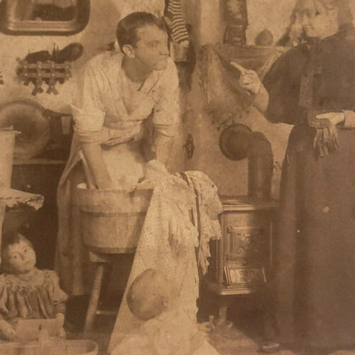 Man Doing Laundry Family Stereoview c1895 Anti-Woman's Suffrage Washtub Art D774