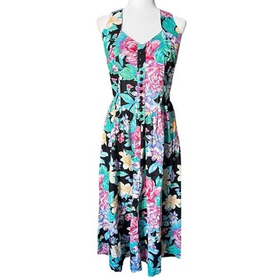Vintage 90s Robbie Bee Floral Midi Dress Smocked Back Cotton Sleeveless Size 12
