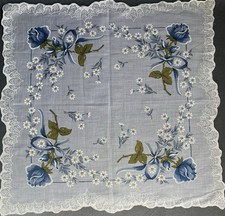  159 Vintage Printed Handkerchief Large Blue Roses Scalloped Edge