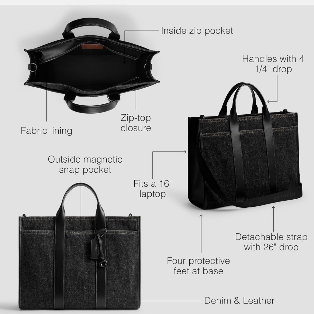 Unisex Coach Wesley Tote Leather Black Denim image 5
