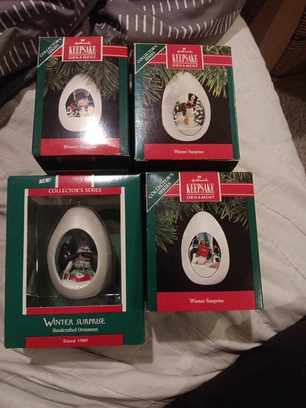 1989-1992 Hallmark Keepsake Set of 4 Winter Surprise Ornaments Penguin Eggs 