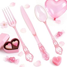 150PCS Pink Plastic Silverware - Heavy Duty Elegant Disposable Utensils - Vin...