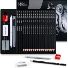 24PCS Professional Sketch Pencil Set – 5H to 14B Pencils, Charcoal Pencils, Ar