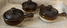3 Vintage Brown Glazed French Onion Soup Crocks with Lids Handled Ceramic Bowls