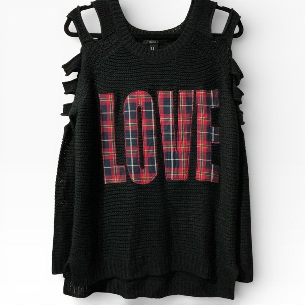 Forever 21 Plaid Patchwork LOVE Cold Shoulder Bla… - image 2