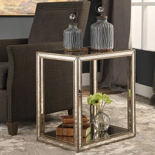 Julie 22" Wide Burnished Antique Gold Mirrored End Table - Picture 1 of 5