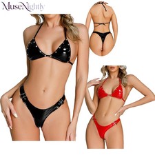 Womens Pvc Metallic Bikini Set Halter Neck Br...