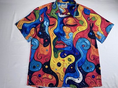 Rayana Hawaiian Shirt Mens Large Psychedelic Face Graphic Colorful Button Up