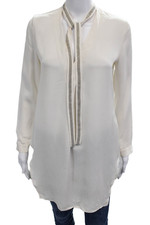 Halston Women Tunic White 100% Silk Long Sleeve Tie Neck Size 2