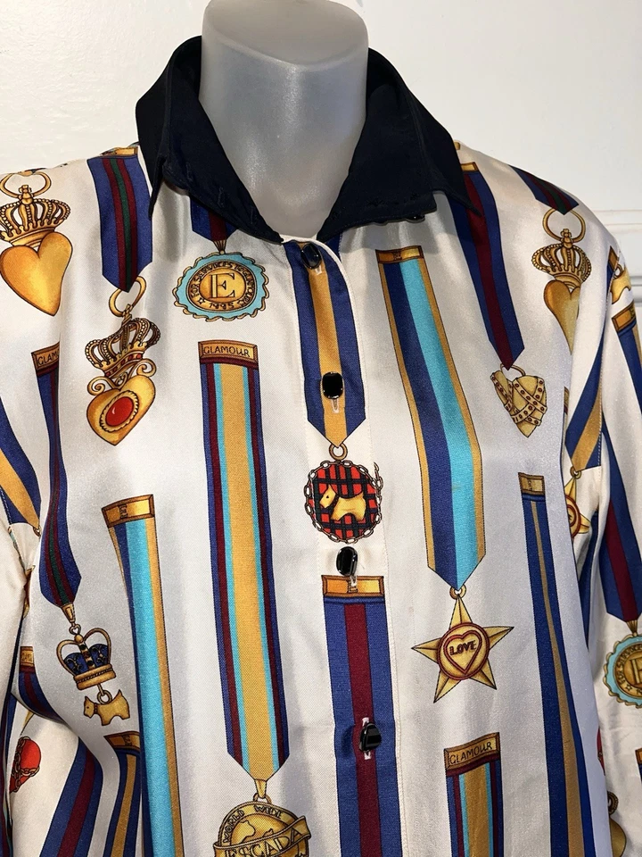 Винтажная 100% шелковая гламурная футболка ESCADA Medals of Honor на пуговицах размер 36 6 - Изображение 4 из 4