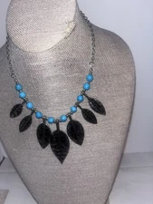 Silver Tone Blue Glass Bead and Silver  Leaf Charm Statement Necklace 18” Lot X