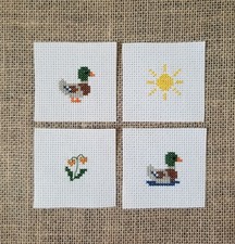 Finished Completed Cross Stitch Mallard Ducks 4 Mini Pieces for DIY Crafts