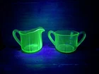 Vintage Green Uranium Glass Creamer & Sugar GLOWS Depression Era Glass