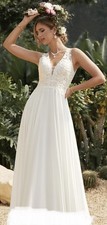 White Lace Sleeveless V Neck A-Line Full-Length Boho Beach Wedding Dress