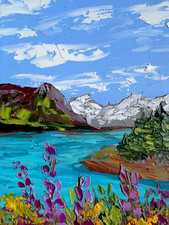 Dipinto originale montagna lago fiori selvatici arte marina olio arte paesagg...