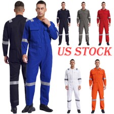 Mens Reflective Strips Coveralls One Piece Work Overalls Cotton Workwear Pockets