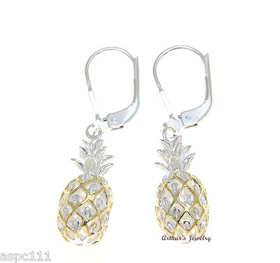 925 STERLING SILVER 2 TONE YELLOW HAWAIIAN PINEAPPLE DANGLING LEVERBACK EARRINGS