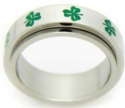 Irish Clover Spinner Ring Shamrock Celtic Stainless Steel Silver Green 5mm 