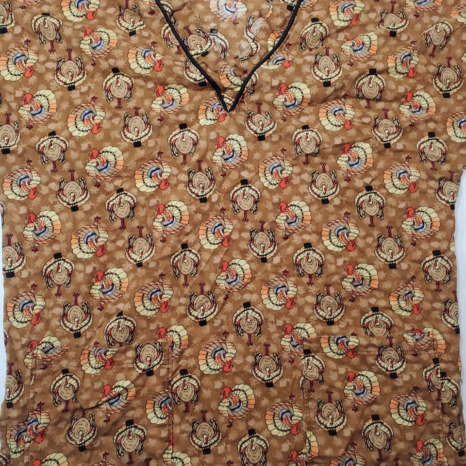 Hand Stitched Thanksgiving Scrub Top Brown With Turkeys On It. - Image 3 of 4