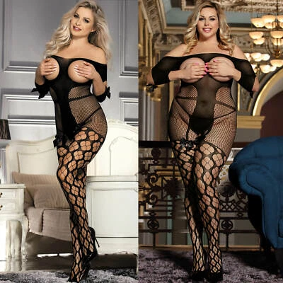 SEXY WEAR Sexy Open Bust Bodystocking Crotchless Plus Size Lingerie Fishnet Bodysuit 8 -22