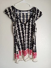 Studio M Petite Women's Black Pink Cap Sleeve V-neck Blouse Large