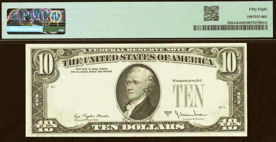 1977A $10 Federal Reserve Note Dallas PMG 58 overprint on back error - Image 3 of 3