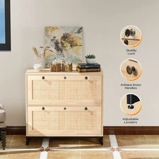 VINGLI 2-Drawer Wood Rattan Lateral File Cabinet with Lock for Home Office