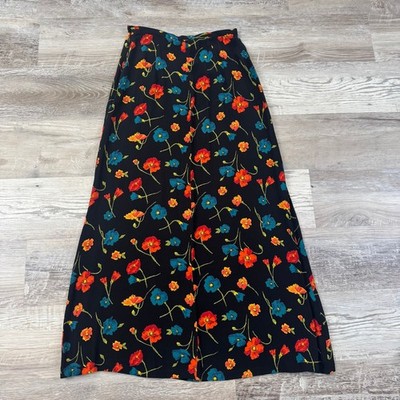 Vintage 90s Laura Ashley Black Floral Silk Midi Skirt A-Line Cottagecore Small