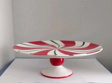 Pier 1 Imports Candy Cane 12" Cake Stand Ceramic Christmas Serving Pie Plate One