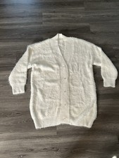 White Acrylic Knit Button Open Cardigan Sweater V-Neck Long Sleeve Relaxed Women