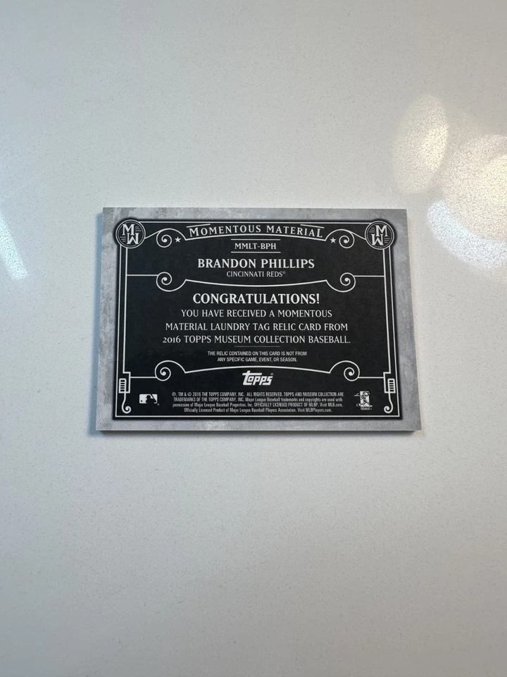 2016 Topps Museum Collection Laundry Tag 1/1 Brandon Phillips Game Used - Image 2 of 2