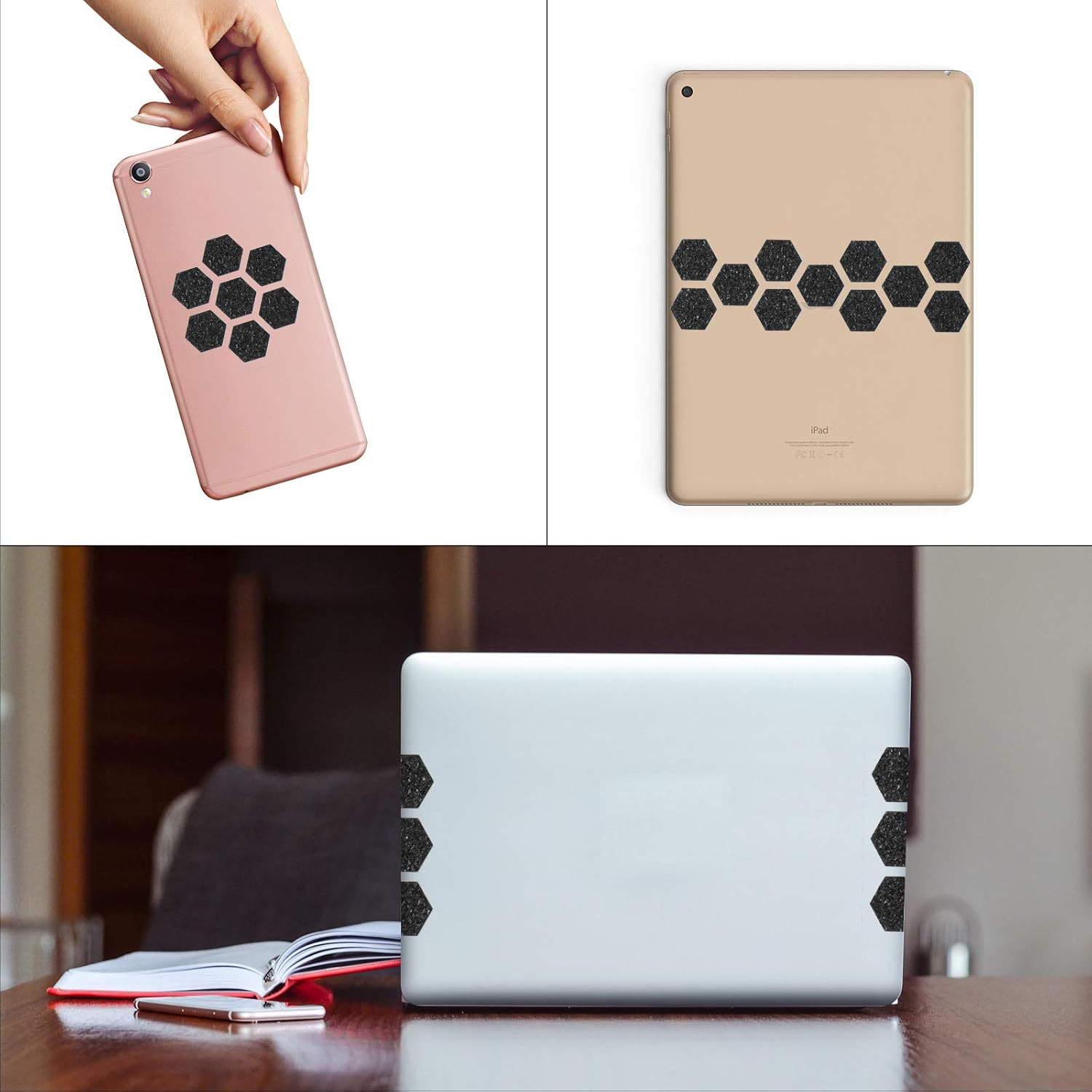 4 Sheets Black PEVA Rubber Anti-Slip Hexagonal Phone Grip Tape Stickers for Phon