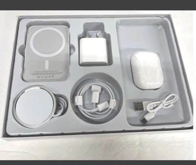Android/iPhone Compatible Accessories Box. 2 Chargers, Cord, Earphones, & Block