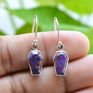 Authentic Natural Purple Turquoise Coffin Cut Earrings 925 Sterling Silver Jewelry
