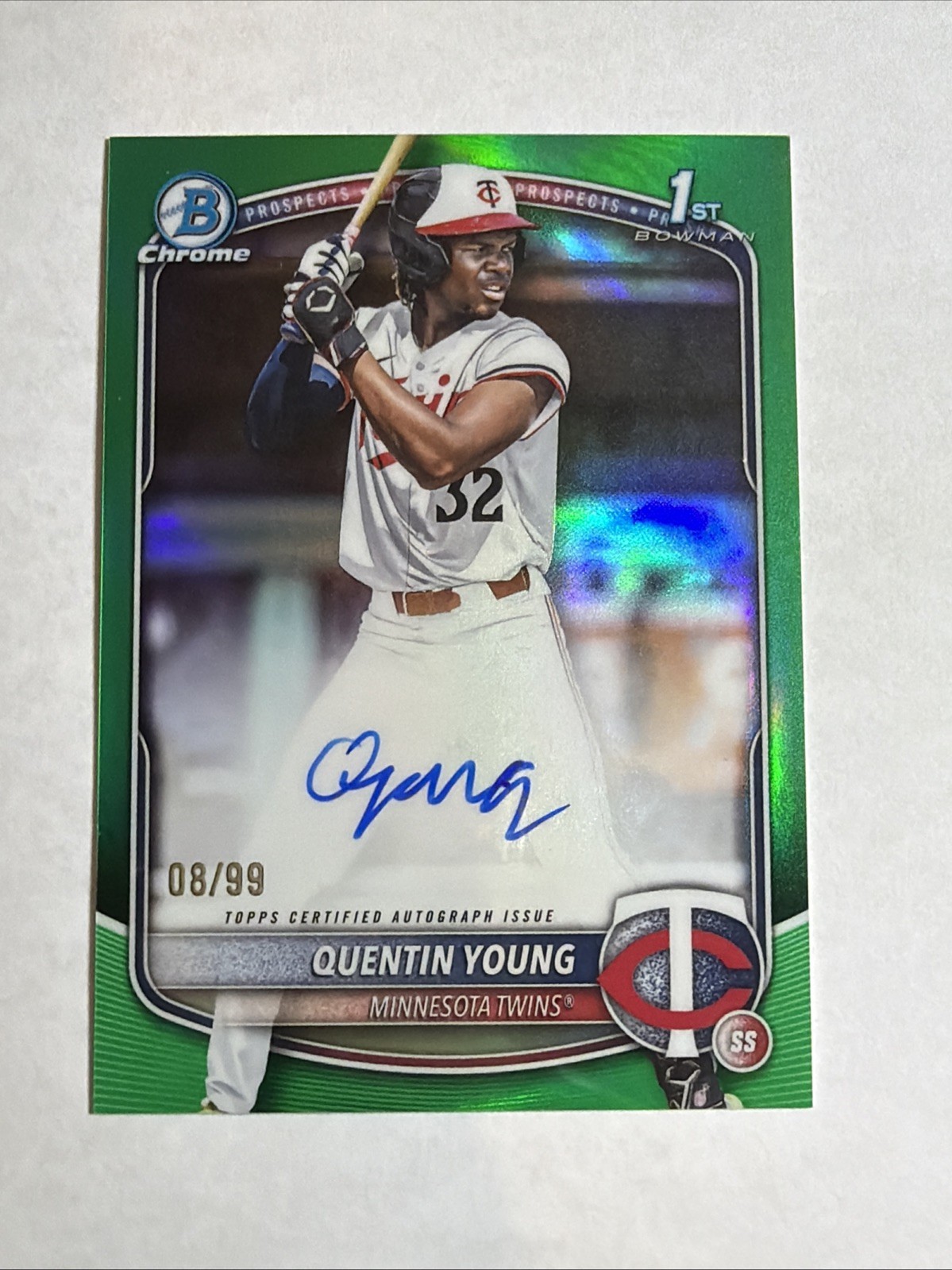 2025 1st Bowman Draft Chrome Green Refractor Quentin Young Auto 8/99 RC SP Twins