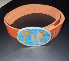 Vintage Mexican Turquoise Chip Inlay Belt Buckle with Aztec Warrior Silver Brass