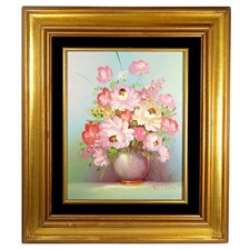 Robert Cox 14x15" Signed Oil Painting Pink Rose Bouquet Vintage Floral Art