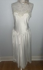 Victoria's Secret 70  s Womens L Ivory Beaded Romantic Long Satin Nightgown Drop