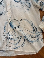 9 RARAS Camisa Ralph Lauren Lino Pulpo Náutico Mar Abotonada XL Etiqueta Azul
