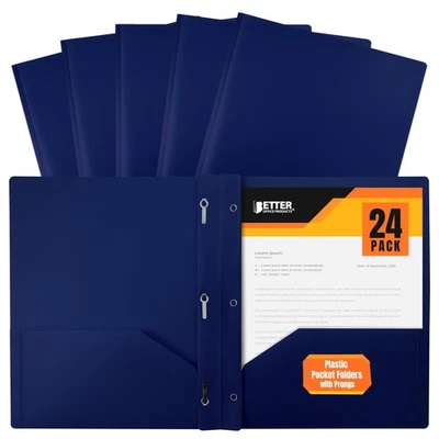 Blue Plastic 2 Pocket Folders With 3 Metal Prongs Fastener Clips 24 Pack Box - Image 1 of 4