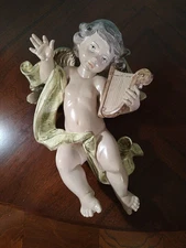 11" Cherub Angel Cupid Playing Harp Lyre Wall Decor Hanging Made In Italy