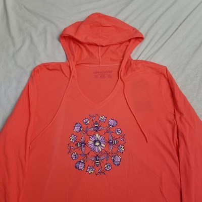 Life is Good Shirt Womens 2XL Orange Crusher Lite Hooded Tee Floral Flower Bee