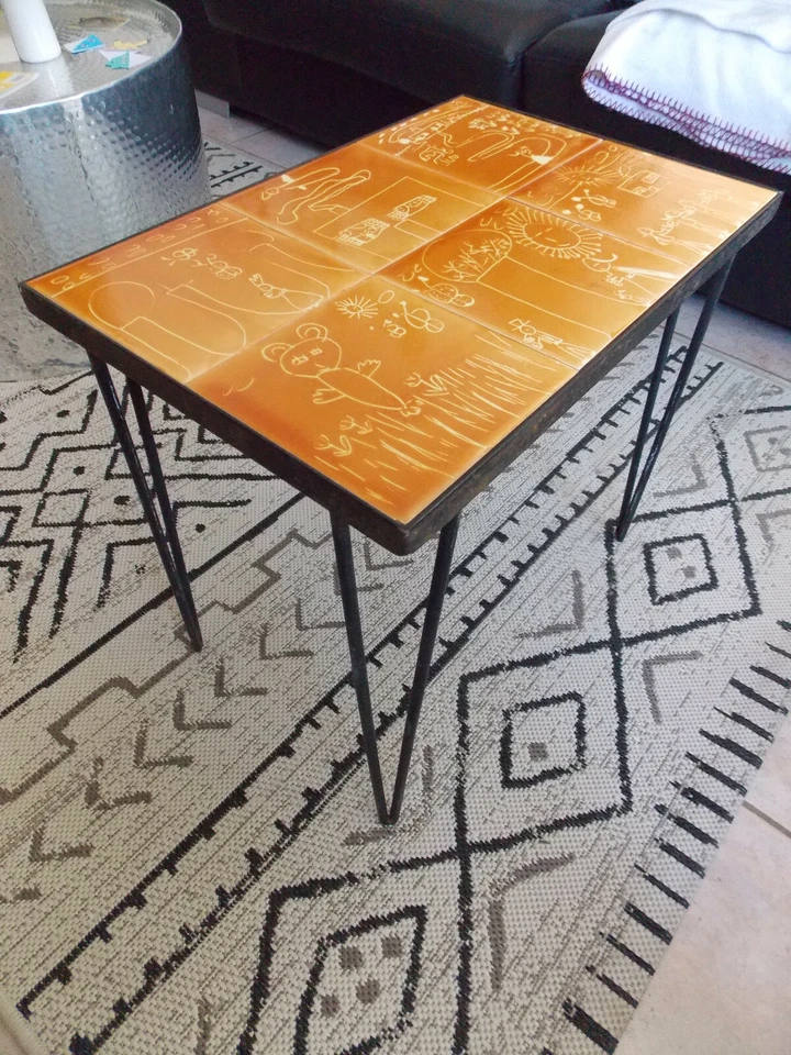 MAGNIFIQUE PETITE TABLE BASSE CARRELEE DLG DE CAPRON/JACQUES BLIN-PERIODE 50/60 - Photo 3/4