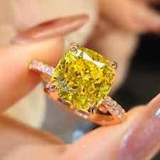 New Square 10mm Yellow Citrine Ice Flower Cut Gems Fashion Women Ring Rose Gold