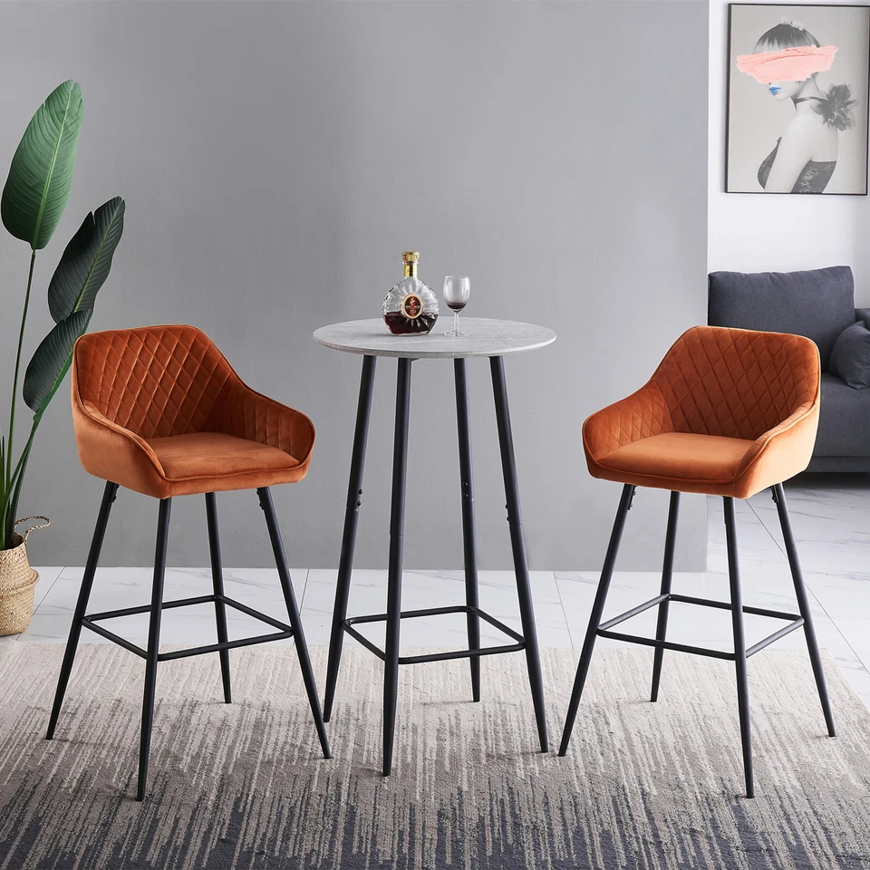 2er Set Samt Barhocker Gepolstert Barstühle mit Fußlehne Armlehne Metallbeine - Bild 4 von 4