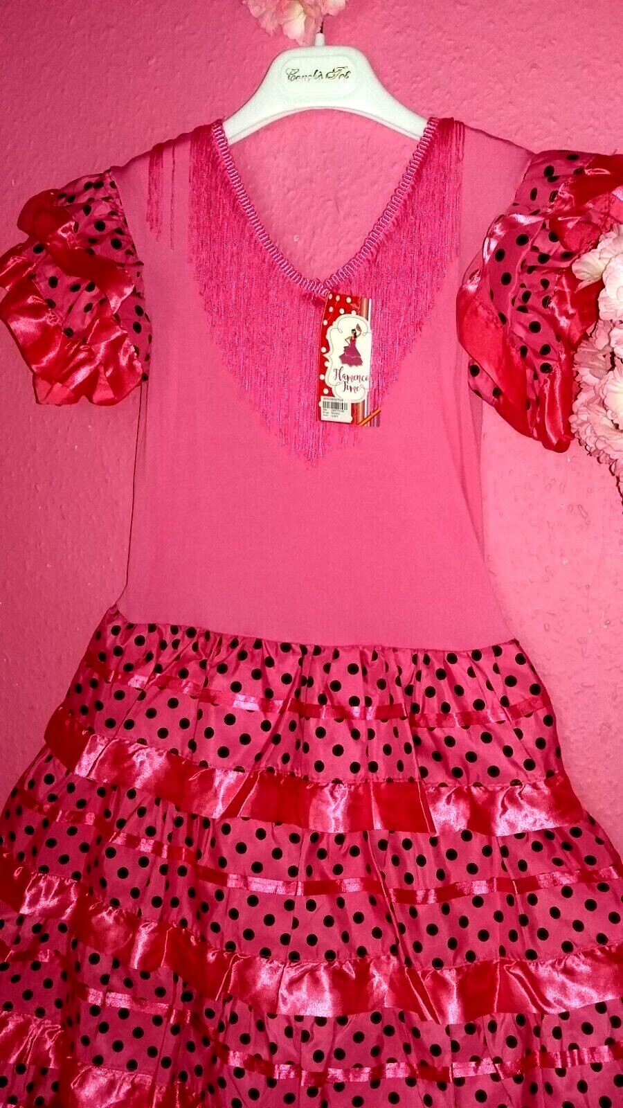 NIÑAS ESPAÑOLAS FLAMENCAS VOLANTES VESTIDO ROSA CON BORLA (TALLA 8-9 AÑOS)