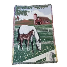 Vintage 90s Farm Horse Barn Fringe Tapestry Blanket 65 X 44 Mare Colt