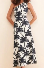 EUC Farm Rio Tan and Black Palm Tree One Shoulder Dress, size MP