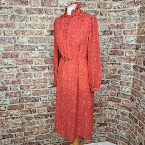 Vintage Midi Dress Red Ditsy Spotted UK 14 Long Sleeve Belted Flare Ruffle Neck - Picture 7 of 16